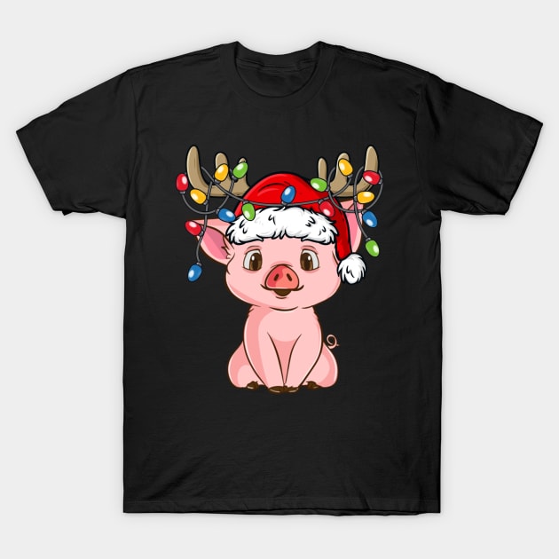 Pig With Santa Hat Reindeer Antlers Christmas Lights T-Shirt by Kimko